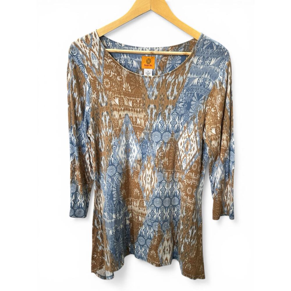 Ruby Rd. Boho 3/4 Sleeve Blue/Tan Relaxed Top Size Sm Aztec Geometric Print